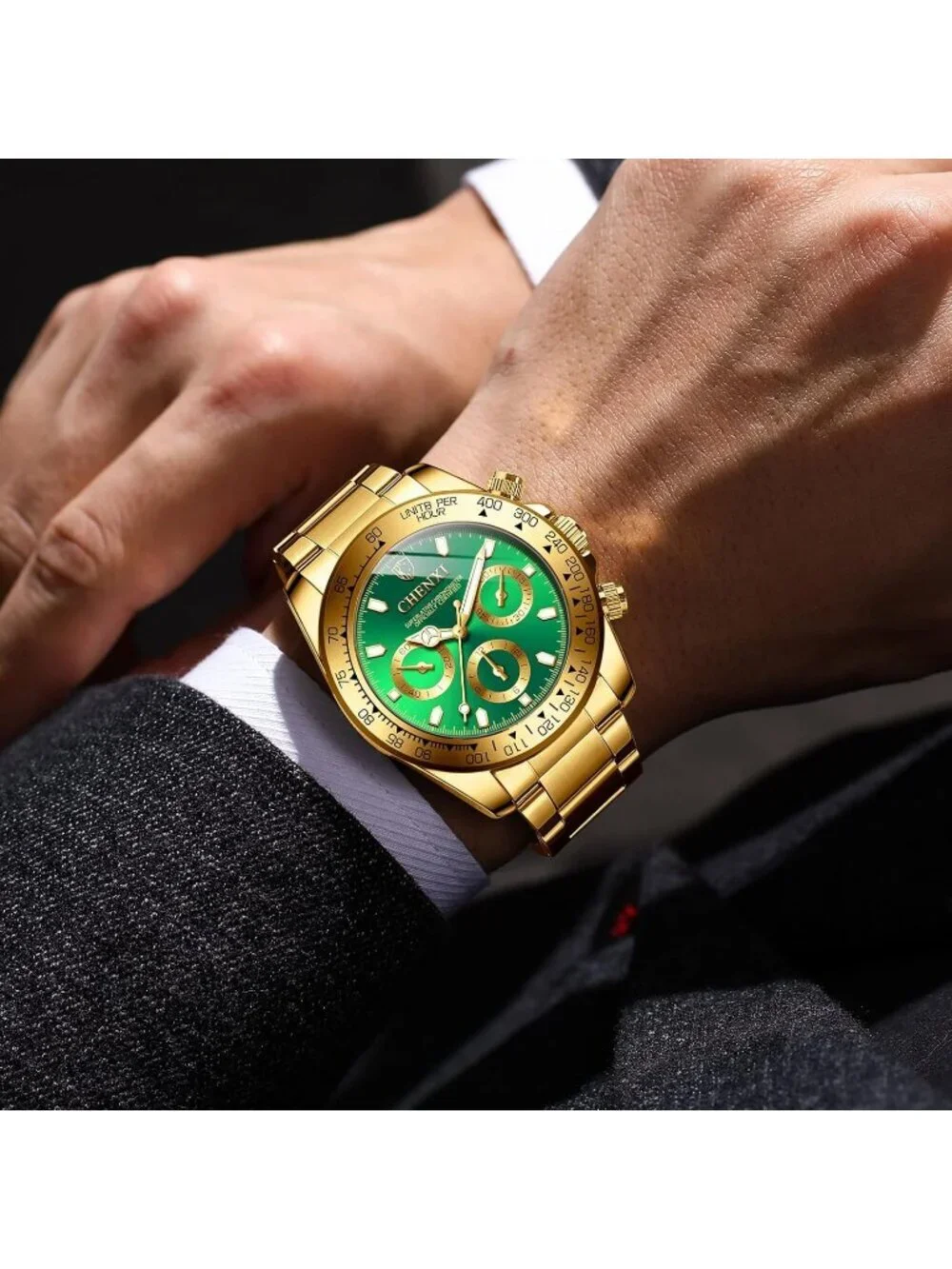 Men's Green Analog Quartz Gold Stainless Steel Crystals Classic Wrist Watch